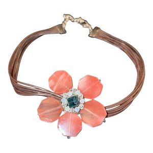 Stone & Crystal Flower Choker on brown leather straps. JB2